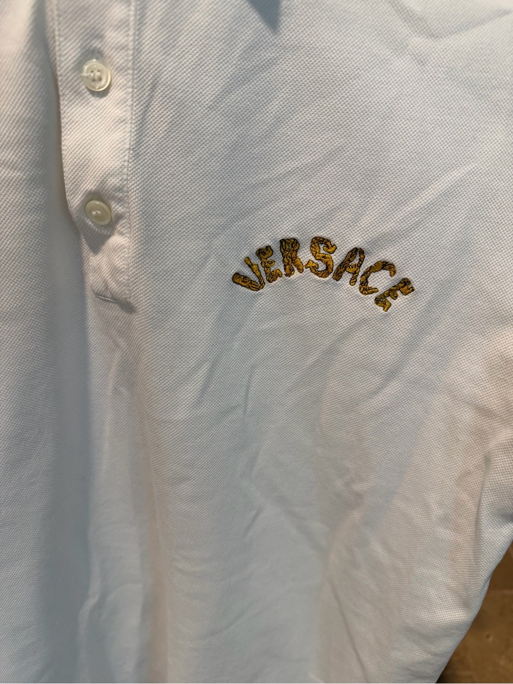 Versace White Polo with Gold Leopard-Pattern Embroidered Logo